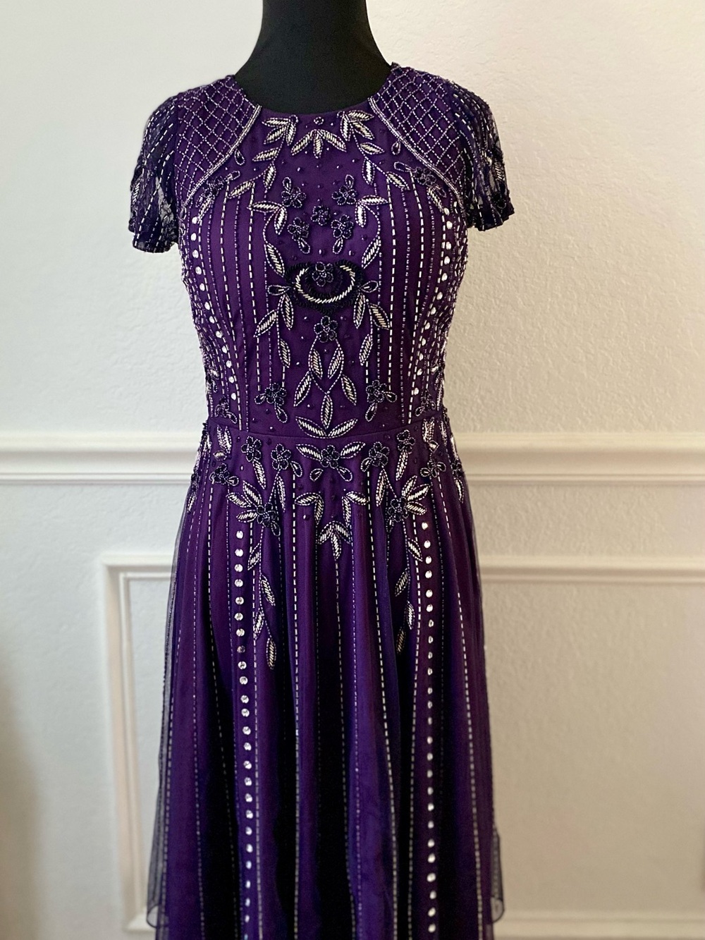 Beaded Purple Midi Dress with Embellished Bodice